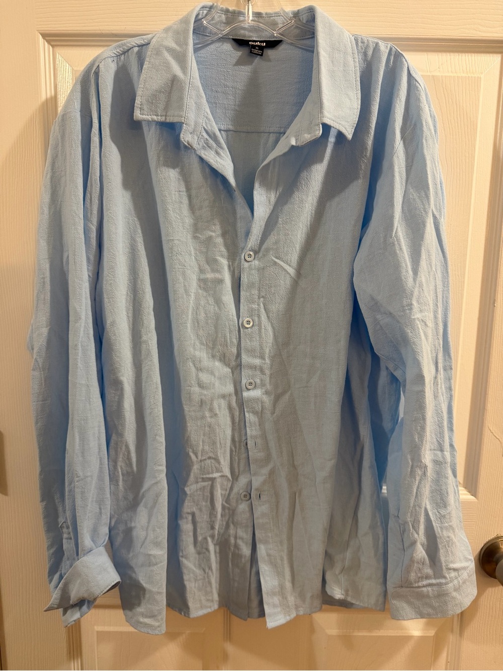 Ouku Cotton Linen Button Down Shirt Light Blue XL